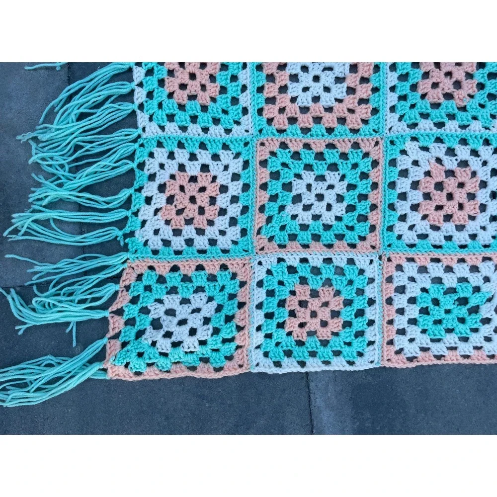 Handmade Crochet Granny Square Multicolor Fringed Throw Blanket 39x82 Peach Teal